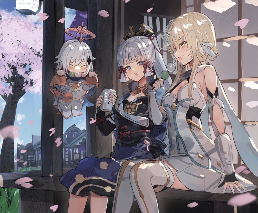 3girls black_gloves blonde_hair blue_eyes blue_skirt cherry_blossoms closed_eyes commentary_request dango dress eating feather_hair_ornament feathers flower food genshin_impact gloves hair_flower hair_ornament highres holding holding_food japanese_clothes kamisato_ayaka light_blue_hair long_hair lumine_(genshin_impact) multiple_girls open_mouth paimon_(genshin_impact) partially_fingerless_gloves ponytail sitting skirt the_olphy thigh-highs vambraces wagashi white_dress white_hair white_legwear yellow_eyes