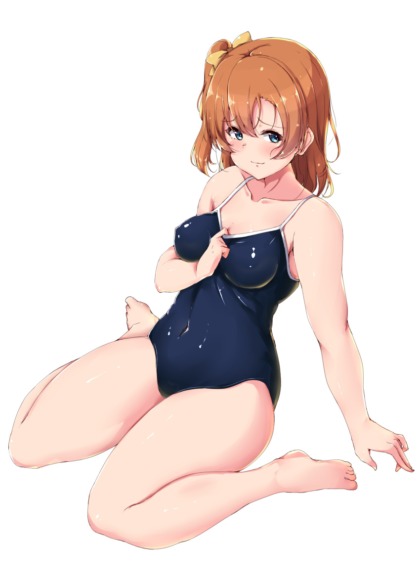 1girl absurdres blue_eyes blush brown_hair covered_navel covered_nipples highres kousaka_honoka looking_at_viewer love_live! love_live!_school_idol_project school_swimsuit shinonon_(iso_shino) short_hair side_ponytail sitting solo swimsuit swimsuit_pull thighs wariza wavy_mouth