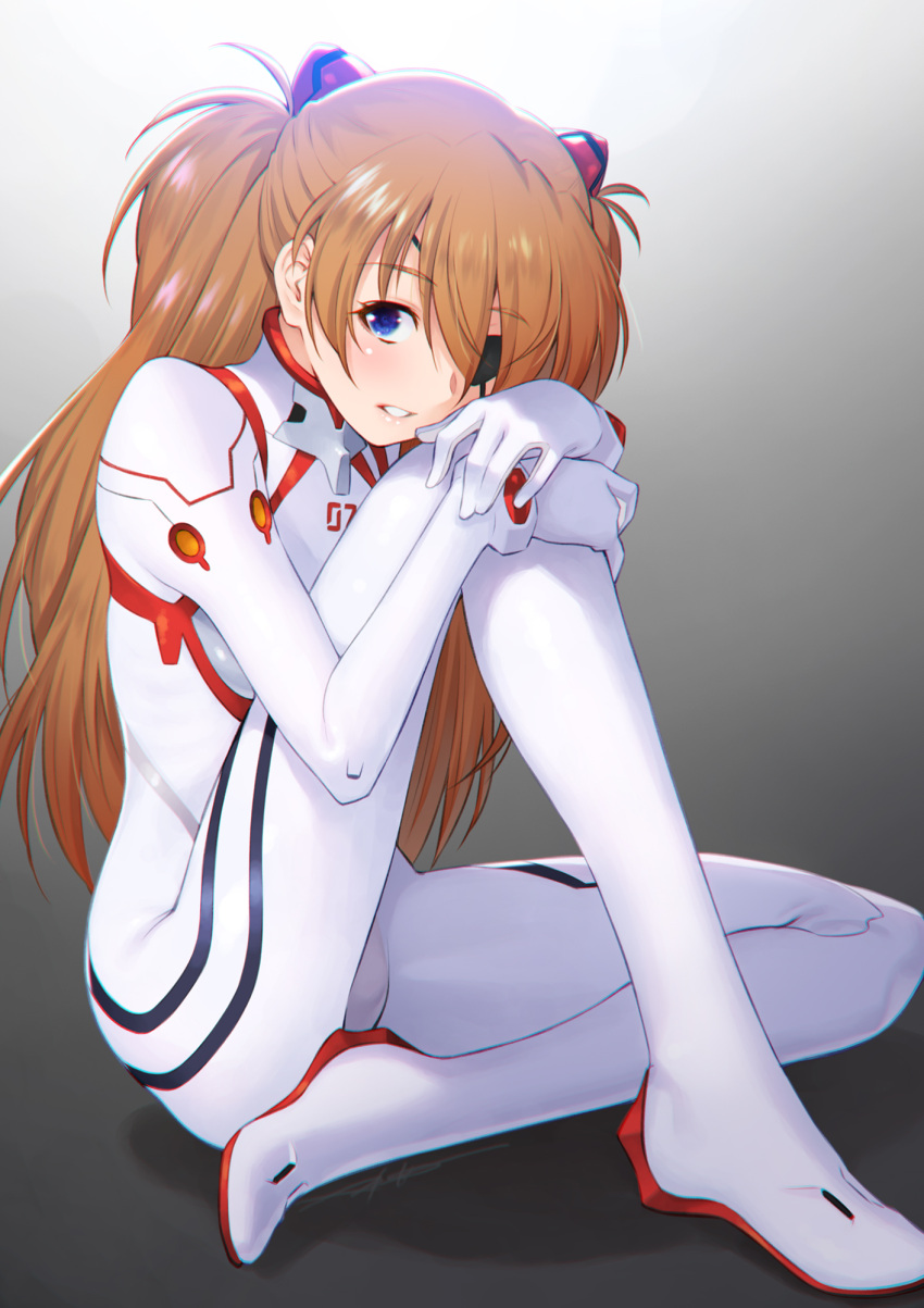 1girl blue_eyes bodysuit brown_hair commentary_request evangelion:_3.0+1.0_thrice_upon_a_time eyepatch highres kazuma_muramasa long_hair looking_at_viewer neon_genesis_evangelion plugsuit rebuild_of_evangelion shikinami_asuka_langley sitting solo souryuu_asuka_langley white_bodysuit