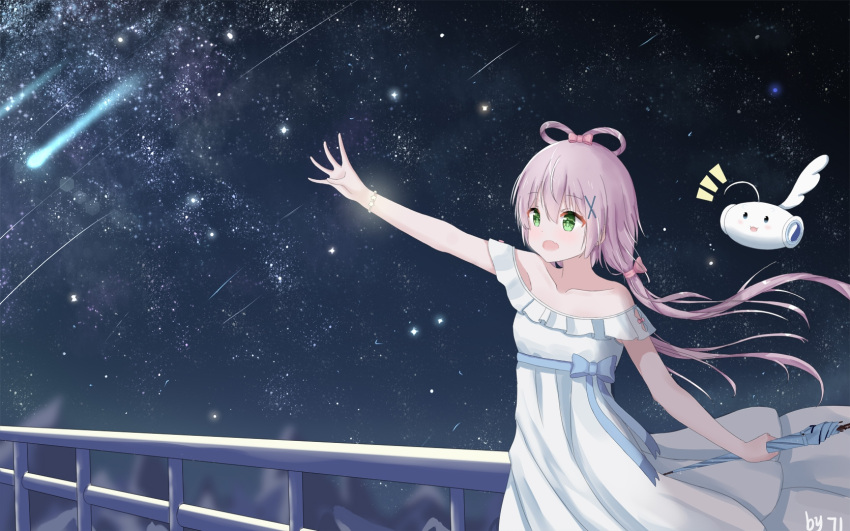 1girl arm_up bare_shoulders blush bow closed_umbrella dress green_eyes hair_between_eyes hair_bow hair_ornament hair_rings highres long_hair long_image looking_away low_twintails luo_tianyi night night_sky open_mouth outstretched_arms purple_hair shooting_star sky star_(sky) twintails umbrella user_grvk5822 vocaloid vsinger white_dress wide_image x_hair_ornament