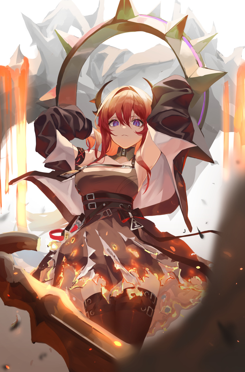 1girl absurdres arknights armpits arms_up bangs belt belt_buckle black_bow black_dress black_jacket black_legwear bow breasts buckle burnt_clothes collarbone dress fire hair_between_eyes highres horns huge_filesize jacket long_hair long_sleeves looking_at_viewer medium_breasts open_clothes open_jacket parted_lips redhead ryu_(yanagi) smile solo standing surtr_(arknights) thigh-highs violet_eyes zettai_ryouiki