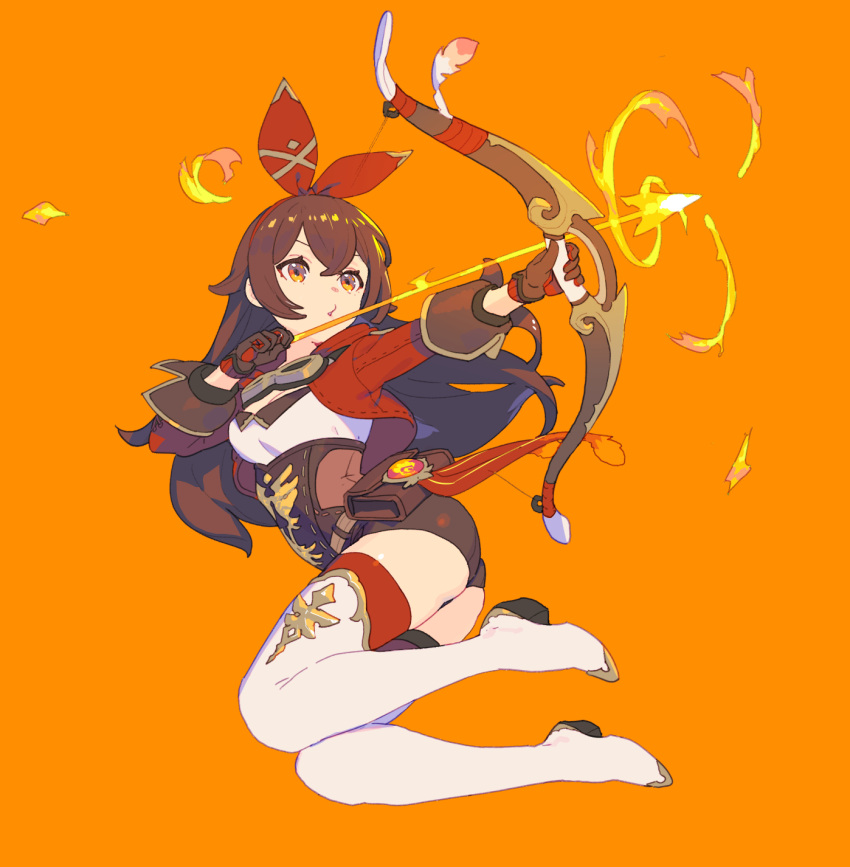 1girl amber_(genshin_impact) arrow_(projectile) bangs bow_(weapon) brown_gloves brown_hair commentary_request cropped_jacket enkyo_yuuichirou fire full_body genshin_impact gloves goggles goggles_around_neck hair_ribbon highres holding holding_bow_(weapon) holding_weapon jacket long_hair mihoyo_technology_(shanghai)_co._ltd. orange_background parted_lips pouch red_jacket red_ribbon ribbon short_shorts shorts simple_background solo vision_(genshin_impact) weapon white_legwear yellow_eyes