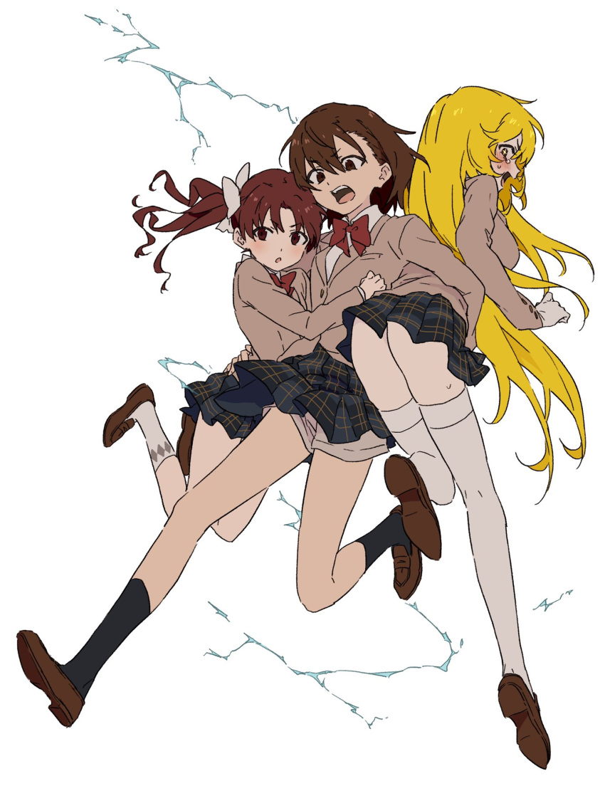 +_+ 3girls :o bangs beige_jacket biribiri black_legwear blonde_hair blush bow bowtie brown_eyes brown_footwear brown_hair carrying full_body hair_between_eyes highres long_hair long_sleeves misaka_mikoto multiple_girls red_bow red_neckwear school_uniform shirai_kuroko shoes shokuhou_misaki short_hair shorts shorts_under_skirt simple_background skirt socks teruya_(6w6y) thigh-highs to_aru_kagaku_no_railgun to_aru_majutsu_no_index tokiwadai_school_uniform twintails very_long_hair white_background white_legwear