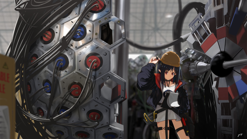 1girl arknights artist_name bangs black_choker black_hair black_jacket blurry blurry_background breasts cable choker closed_mouth closure_(arknights) collarbone cowboy_shot english_commentary expressionless eyebrows_visible_through_hair hair_between_eyes hardhat helmet highres holding holding_marker holding_paper id_card j_orange jacket lanyard long_hair long_sleeves looking_at_viewer machinery marker open_clothes open_jacket paper pointy_ears red_eyes science shirt signature solo thigh_strap tool_belt white_shirt