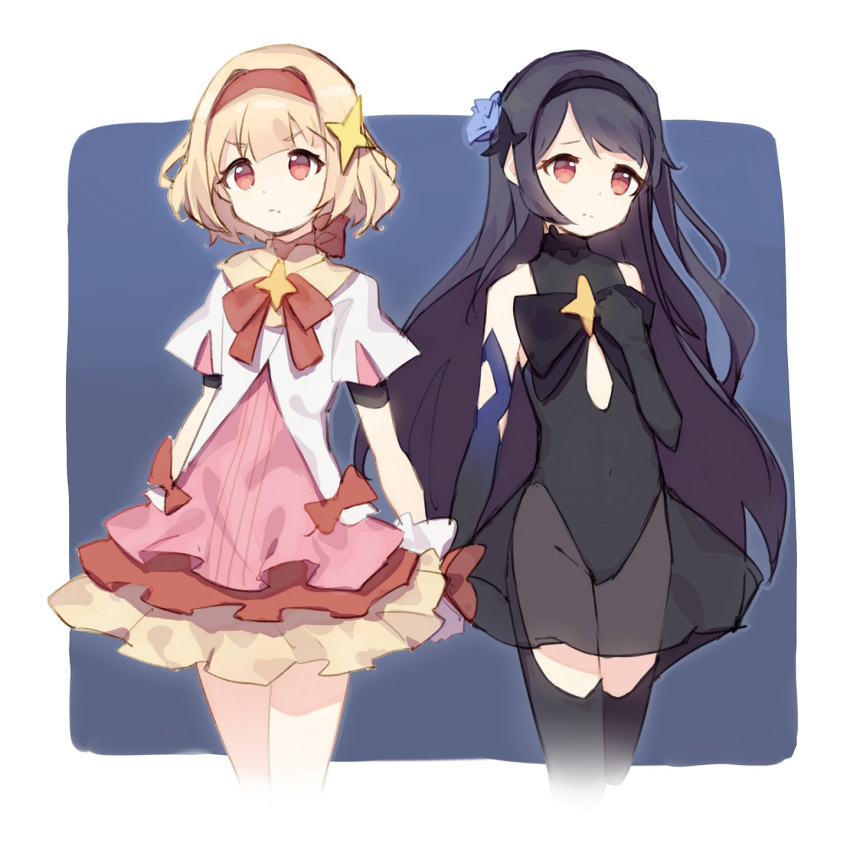 2girls black_dress black_hair blonde_hair character_request dj_max dress highres long_hair multiple_girls see-through shone short_hair tagme two-tone_background