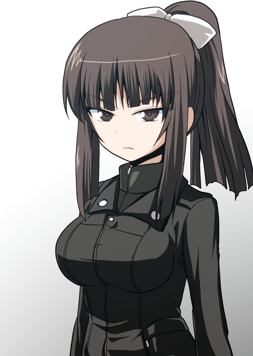 1girl absurdres alternate_hairstyle bangs black_jacket blunt_bangs closed_mouth commentary eyebrows_visible_through_hair frown girls_und_panzer glaring gradient gradient_background grey_background hair_ribbon highres jacket kamishima_kanon long_sleeves looking_at_viewer medium_hair military military_uniform nishizumi_shiho ponytail ribbon sidelocks solo straight_hair turtleneck uniform upper_body white_ribbon younger