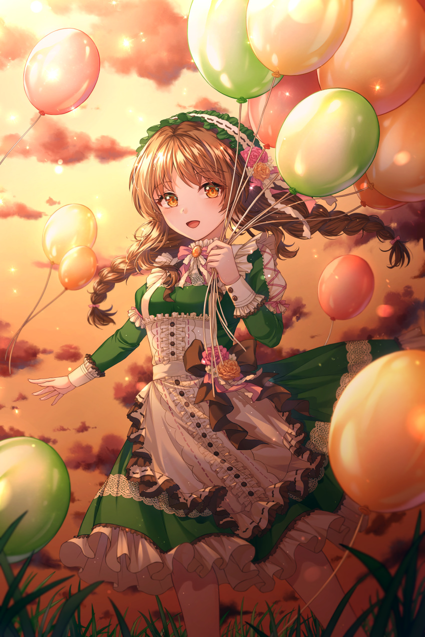 1girl :d absurdres apron balloon blush braid brown_hair dress dusk flower green_dress hair_flower hair_ornament hair_tie hairband highres idolmaster idolmaster_cinderella_girls idolmaster_cinderella_girls_starlight_stage iyar legs lolita_fashion lolita_hairband long_hair looking_at_viewer open_mouth outdoors pinafore_dress smile solo takamori_aiko twin_braids twintails yellow_eyes