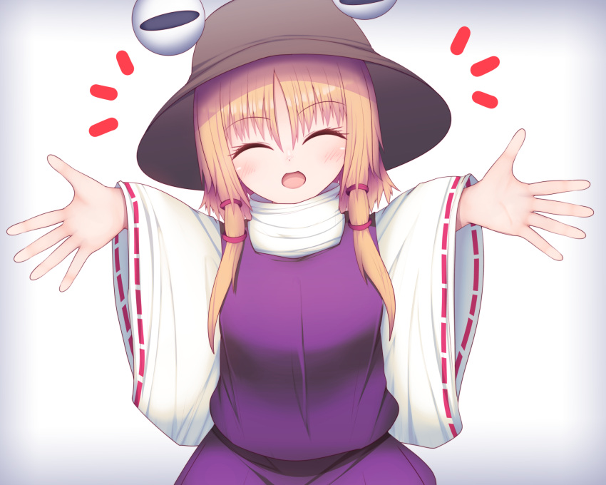 1girl ^_^ bangs blonde_hair brown_headwear closed_eyes darumoon eyebrows_visible_through_hair highres long_sleeves moriya_suwako open_mouth outstretched_arms purple_skirt purple_vest red_ribbon ribbon ribbon-trimmed_sleeves ribbon_trim shirt short_hair_with_long_locks simple_background skirt solo spread_arms touhou turtleneck upper_body vest white_background white_shirt wide_sleeves