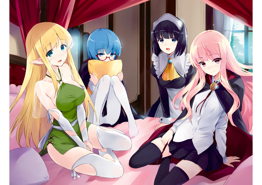 4girls ascot bolo_tie collarbone highres holding holding_pillow holding_wand indoors kneeling louise_francoise_le_blanc_de_la_valliere maid maid_headdress multiple_girls noise_reduction object_hug official_art on_bed pentacle pentagram pillow pillow_hug siesta_(zero_no_tsukaima) sitting sitting_on_bed tabitha_(zero_no_tsukaima) thigh-highs tiffania_westwood usatsuka_eiji wand zero_no_tsukaima zettai_ryouiki