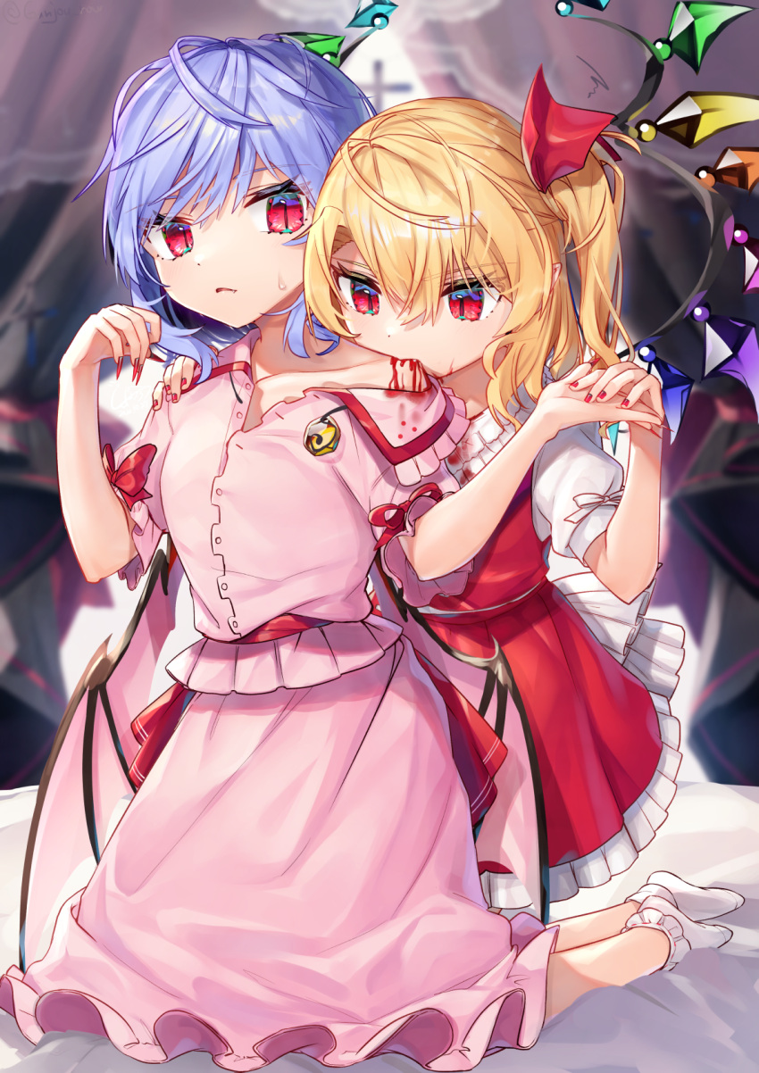 2girls ankle_socks arms_up bangs bat_wings biting blonde_hair blood blood_sucking bloody_clothes blue_hair blurry blurry_background brooch collarbone commentary_request cross curtains depth_of_field eyebrows_visible_through_hair fang fang_out fingernails flandre_scarlet gunjou_row hair_ribbon hand_on_another's_shoulder highres holding_hands jewelry kneeling looking_at_viewer looking_down multiple_girls nail_polish no_headwear off-shoulder_shirt off_shoulder on_bed one_side_up parted_lips partial_commentary pink_shirt pink_skirt pink_wings pointy_ears puffy_short_sleeves puffy_sleeves red_eyes red_nails red_skirt red_vest remilia_scarlet ribbon sash sharp_fingernails shirt short_hair short_sleeves siblings sisters skirt slit_pupils sweatdrop touhou twitter_username vampire vest white_legwear white_shirt window wings