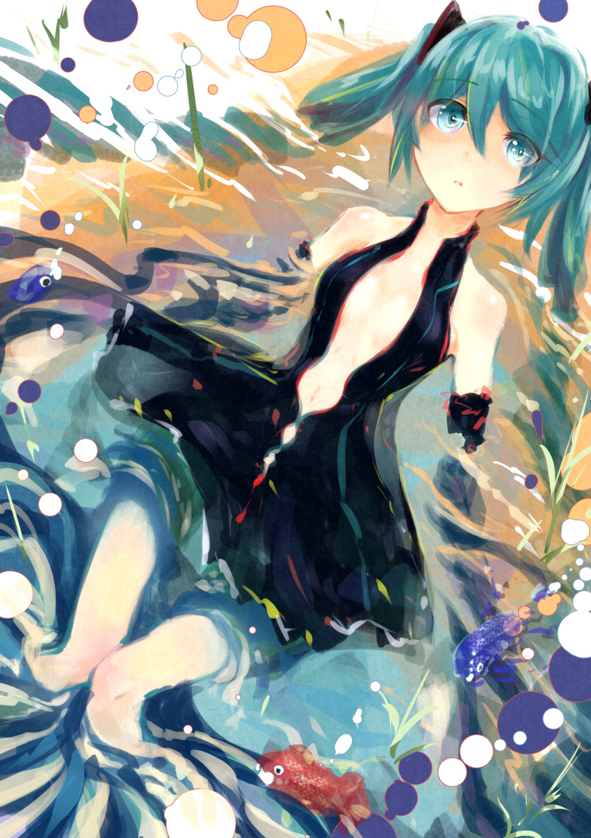 1girl alternate_costume aqua_hair bangs bare_shoulders black_dress black_eyes black_gloves blue_eyes breasts bubble center_opening clothing_cutout cluseller colorful commentary dress elbow_gloves eyebrows_visible_through_hair fish from_above gloves grass hair_ornament hatsune_miku highres knees_together_feet_apart long_hair looking_at_viewer lying navel on_back open_mouth parted_lips partially_submerged shiny shiny_hair shiny_skin sleeveless sleeveless_dress small_breasts solo thigh_gap tied_hair twintails vocaloid water