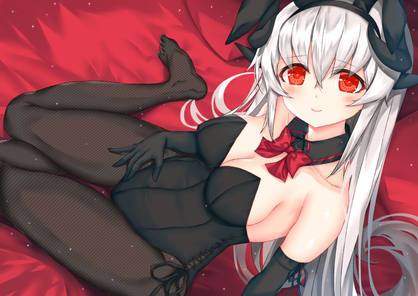 1girl alternate_costume black_gloves black_legwear bow breasts detached_collar dragon_girl dragon_horns elbow_gloves fate/grand_order fate_(series) fishnet_legwear fishnets gloves grey_hair hair_bow horns kiyohime_(fate/grand_order) large_breasts long_hair morizono_shiki multiple_horns no_shoes pantyhose playboy_bunny ponytail red_eyes solo thigh-highs