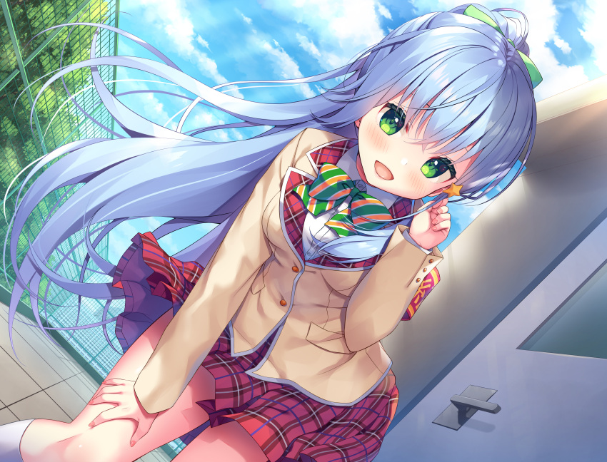 1girl :d absurdres asa_no_ha bangs blue_hair blue_sky bow breasts brown_jacket building clouds collared_shirt cowboy_shot day door dutch_angle fence green_eyes green_neckwear hair_blowing hair_bow hair_ornament hand_on_own_thigh highres jacket leaning_forward long_hair looking_at_viewer non-web_source open_mouth original outdoors plaid plaid_skirt pleated_skirt red_skirt rooftop school_uniform shirt skirt sky small_breasts smile socks solo star_(symbol) star_hair_ornament thighs tree white_legwear white_shirt window