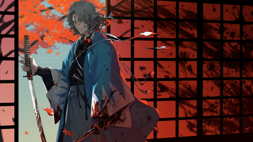 1boy autumn_leaves blood blood_on_face blood_splatter bloody_clothes bloody_weapon brown_eyes dated fate/grand_order fate_(series) fusuma goya_(xalbino) grey_hair grin highres japanese_clothes katana long_sleeves male_focus medium_hair multiple_weapons saitou_hajime_(fate) scarf shinsengumi signature sliding_doors smile solo sword teeth tree wavy_hair weapon