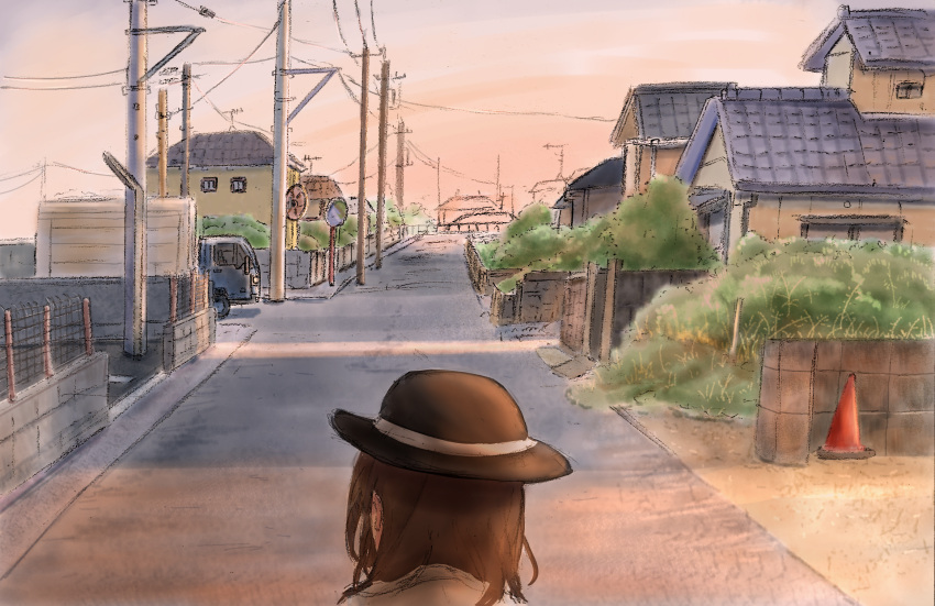1girl brick_wall brown_hair brown_headwear cyczen english_commentary facing_away from_above from_behind ground_vehicle hat highres house motor_vehicle outdoors pink_sky power_lines road shadow short_hair solo street tile_roof touhou town traffic_cone traffic_mirror truck twilight unfinished upper_body usami_renko utility_pole