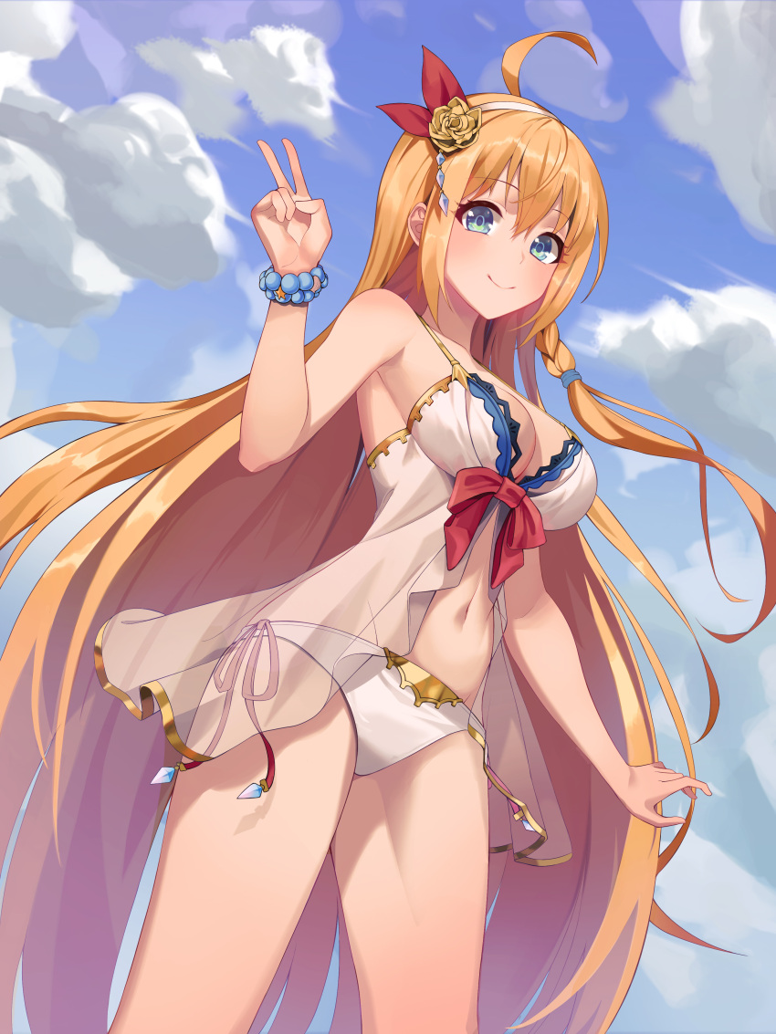 1girl absurdres ahoge bangs bikini blue_eyes bow breasts cjw01 commentary eyebrows_visible_through_hair hair_between_eyes hairband highres large_breasts long_hair looking_at_viewer navel orange_hair pecorine_(princess_connect!) princess_connect! princess_connect!_re:dive red_bow red_ribbon ribbon smile solo swimsuit v very_long_hair white_bikini white_hairband