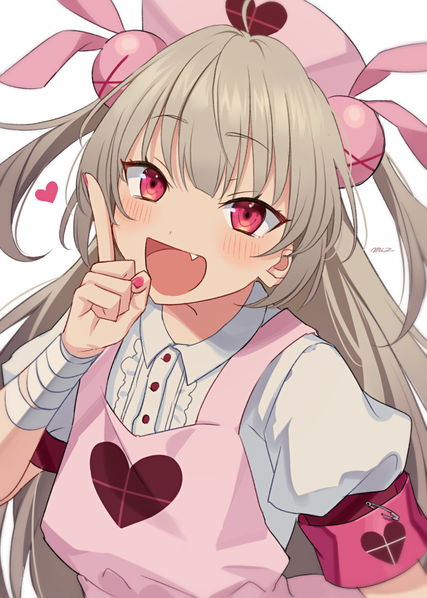1girl apron armband bandages bangs blush bunny_hair_ornament eyebrows_visible_through_hair fang grey_hair hair_ornament hat heart highres index_finger_raised long_hair miz_003 nail_polish natori_sana nurse_cap open_mouth pink_apron pink_eyes pink_headwear pink_nails puffy_short_sleeves puffy_sleeves safety_pin sana_channel shirt short_sleeves simple_background solo two_side_up upper_body virtual_youtuber white_background white_shirt