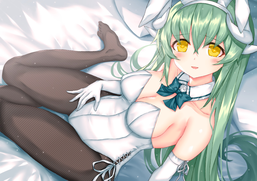 1girl alternate_costume black_legwear bow breasts detached_collar dragon_girl dragon_horns elbow_gloves fate/grand_order fate_(series) fishnet_legwear fishnets gloves green_hair hair_bow horns kiyohime_(fate/grand_order) large_breasts long_hair morizono_shiki multiple_horns no_shoes pantyhose playboy_bunny ponytail solo thigh-highs white_gloves yellow_eyes