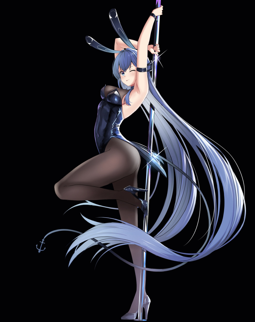 1girl absurdly_long_hair absurdres anchor_ornament animal_ears arm_strap armpits ass azur_lane black_background black_footwear black_leotard blue_eyes blue_hair bodystocking breasts detached_collar fake_animal_ears from_side full_body high_heels highres large_breasts leg_up leotard levy_(comradlevy) long_hair looking_at_viewer looking_to_the_side new_jersey_(azur_lane) new_jersey_(exhilarating_steps!)_(azur_lane) official_alternate_costume one_eye_closed playboy_bunny pole rabbit_ears shoes simple_background solo strapless strapless_leotard stripper_pole very_long_hair wrist_cuffs