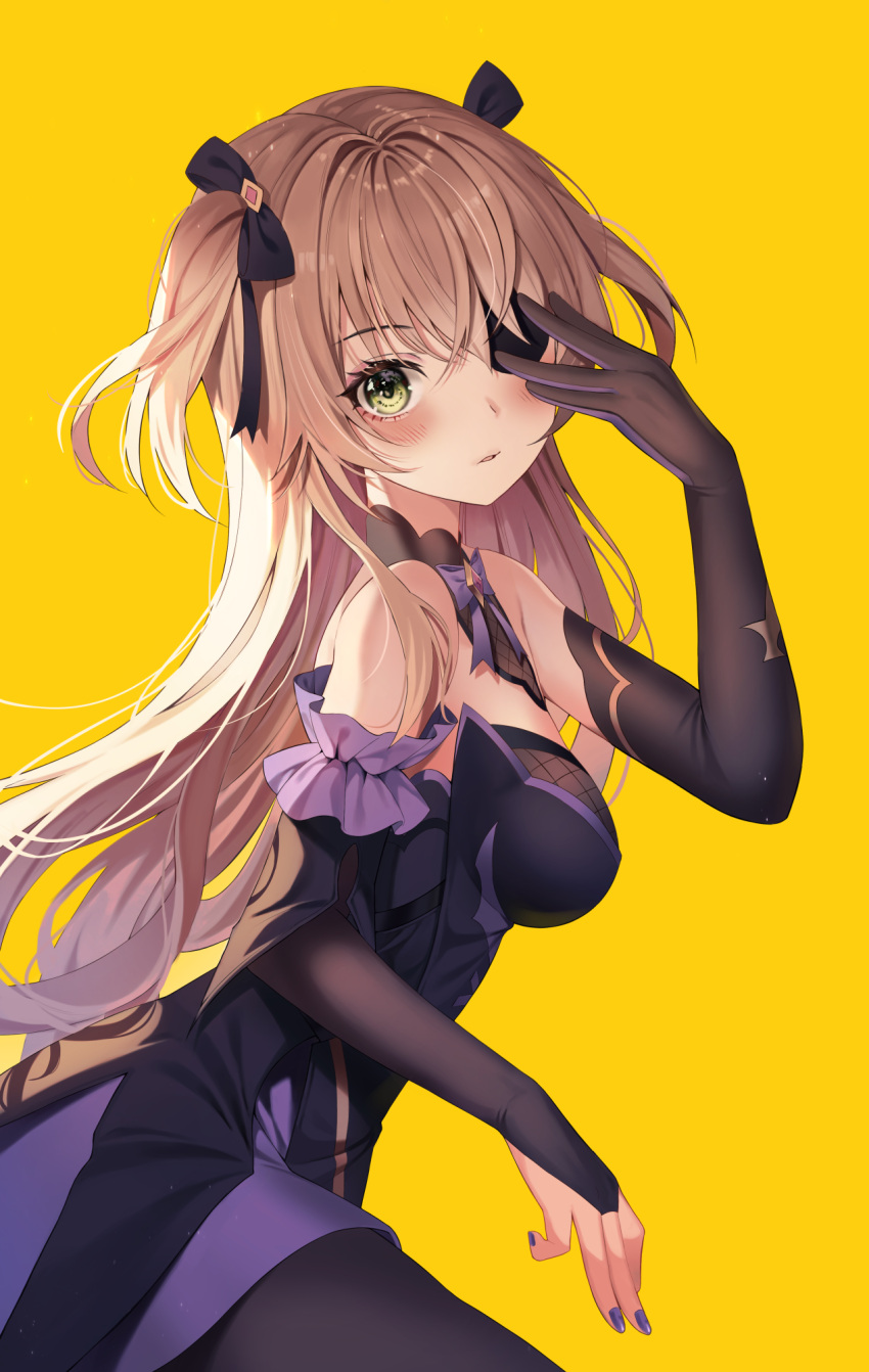 1girl bare_shoulders black_dress black_gloves blonde_hair bow bowtie breasts bridal_gauntlets detached_collar dress elbow_gloves eyepatch fischl_(genshin_impact) from_side genshin_impact gloves green_eyes hair_over_one_eye hair_ribbon hand_up highres long_hair looking_at_viewer looking_to_the_side medium_breasts nail_polish niji_(rudduf232) parted_lips ribbon simple_background solo two_side_up yellow_background