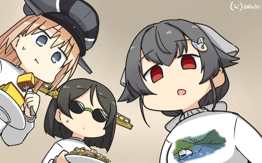 3girls alternate_costume bangs bismarck_(kantai_collection) black_hair blonde_hair casual commentary_request dated eating empty_eyes eyebrows_visible_through_hair food fork from_below hair_flaps hair_ornament hairclip hamu_koutarou highres jingei_(kantai_collection) kantai_collection kirishima_(kantai_collection) long_hair low_ponytail multiple_girls nice_boat open_mouth pasta red_eyes short_hair signature spaghetti sunglasses sweater upper_body white_sweater