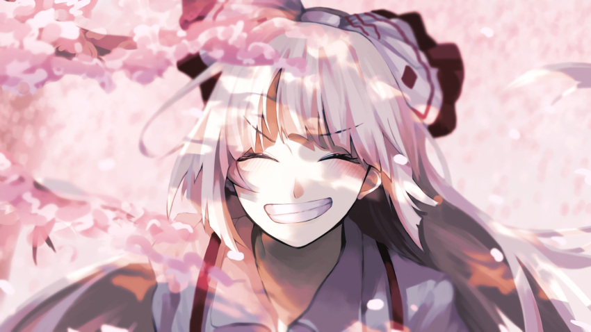 1girl absurdres bangs blunt_bangs blush bow cherry_blossoms closed_eyes collared_shirt commentary facing_viewer floating_hair fujiwara_no_mokou grey_hair grey_shirt grin hair_bow happy highres hime_cut long_hair petals pink_theme portrait shirt sidelocks smile solo somei_ooo suspenders teeth touhou tree_branch two-tone_bow v-shaped_eyebrows very_long_hair white_bow white_hair wing_collar
