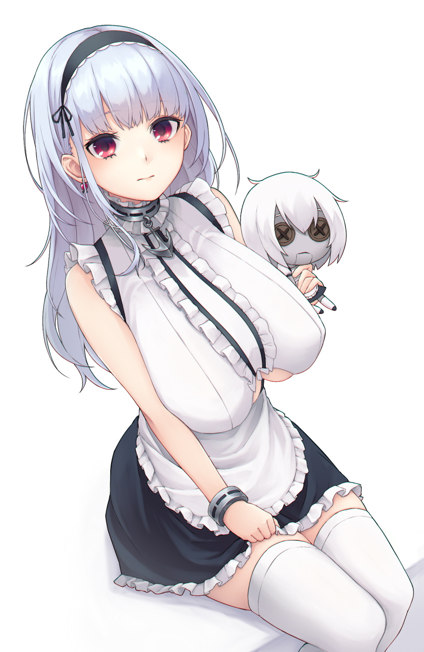 1girl anchor_choker anchor_necklace azur_lane bangs black_hairband blue_hair blunt_bangs breasts closed_mouth clothing_cutout dido_(azur_lane) doll eyebrows_visible_through_hair hairband highres holding holding_doll lace-trimmed_hairband lace_trim large_breasts long_hair looking_at_viewer nameko_houshi red_eyes simple_background sitting sleeveless solo thigh-highs thighs underboob_cutout white_background white_legwear zettai_ryouiki