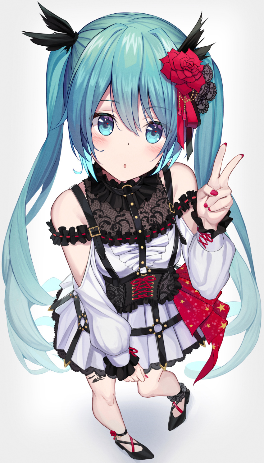 1girl :o aqua_hair arm_garter bangs bib_(bibboss39) blue_eyes dress eyebrows_visible_through_hair eyes_visible_through_hair flower frills from_above hair_between_eyes hair_flower hair_ornament hair_ribbon hatsune_miku high_heels highres lace long_hair long_sleeves looking_at_viewer nail_polish open_mouth project_sekai red_nails ribbon rose sidelocks simple_background solo standing tattoo twintails v very_long_hair vocaloid white_background white_dress