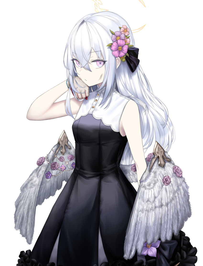 1girl absurdres aimpoleume azusa_(blue_archive) bangs bare_arms black_dress blood blue_archive closed_mouth cowboy_shot dress eyebrows_visible_through_hair feathered_wings flower gloves grey_gloves hair_between_eyes hair_flower hair_ornament halo hand_on_own_chin hand_up highres long_hair looking_at_viewer pink_flower pink_hair purple_flower simple_background sleeveless sleeveless_dress solo white_background white_hair wing_ornament wings