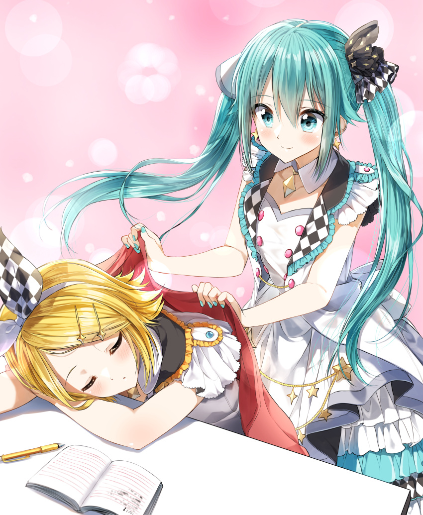 2girls absurdres bangs bare_arms blonde_hair blue_eyes blue_hair blue_nails blush checkered checkered_ribbon closed_mouth commentary covering_with_blanket dress eyebrows_visible_through_hair hair_between_eyes hair_ornament hair_ribbon hairclip hatsune_miku highres kagamine_rin long_hair mechanical_pencil multiple_girls nail_polish open_clothes open_vest pencil pentagon_(railgun_ky1206) project_sekai ribbon sleeveless sleeveless_dress smile twintails very_long_hair vest vocaloid white_dress white_vest