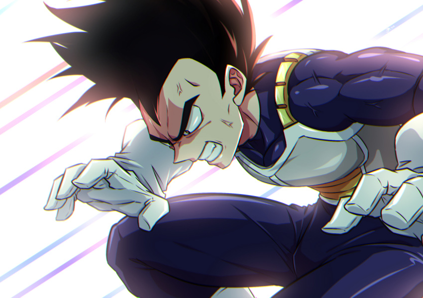 1boy angry black_eyes black_hair clenched_teeth dragon_ball dragon_ball_z gloves highres looking_to_the_side male_focus saiyan_armor sm318 solo spiky_hair teeth vegeta veins white_gloves