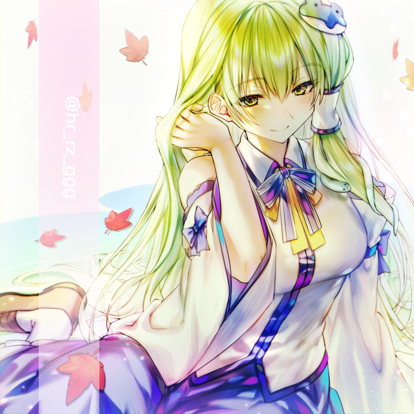 1girl blue_bow blue_neckwear blue_ribbon blue_skirt bow brown_footwear detached_sleeves falling_leaves frilled_skirt frills frog_hair_ornament green_eyes green_hair hair_ornament hair_tubes hair_tucking half-closed_eyes here_(hr_rz_ggg) highres kochiya_sanae leaf light_blue_hair loafers long_hair long_skirt maple_leaf neck_ribbon ribbon shirt shoes sidelocks sitting skirt sleeveless sleeveless_shirt smile snake_hair_ornament socks solo touhou twitter_username white_legwear white_shirt wide_sleeves yellow_neckwear yellow_ribbon yokozuwari