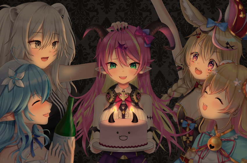 5girls absurdres ahoge animal_ears arm_up asymmetrical_horns bangs bare_shoulders bell beret birthday birthday_cake black_nails blonde_hair blue_hair bottle bow bowtie braid breasts brown_eyes bun_cover cake chest_harness closed_eyes clover_(cloversoya) club_(shape) club_hair_ornament commentary_request demon_girl demon_horns diamond_(shape) diamond_hair_ornament eyebrows_visible_through_hair fang fingernails flower food fox_ears fox_girl green_eyes grey_eyes grey_hair hair_flower hair_ornament hand_on_another's_head happy_birthday harness hat headphones headphones_around_neck heart heart-shaped_pupils heart_ahoge heart_hair_ornament highres holding holding_bottle holding_tray holofive hololive horn_bow horns jester_cap jingle_bell lion_ears lion_girl long_hair mano_aloe momosuzu_nene multicolored_hair multiple_girls nail_polish navel omaru_polka open_mouth pink_hair playing_card_theme pointy_ears shirt shishiro_botan sleeveless sleeveless_shirt spade_(shape) spade_hair_ornament striped succubus symbol-shaped_pupils tears tray vertical_stripes violet_eyes virtual_youtuber white_headwear yukihana_lamy