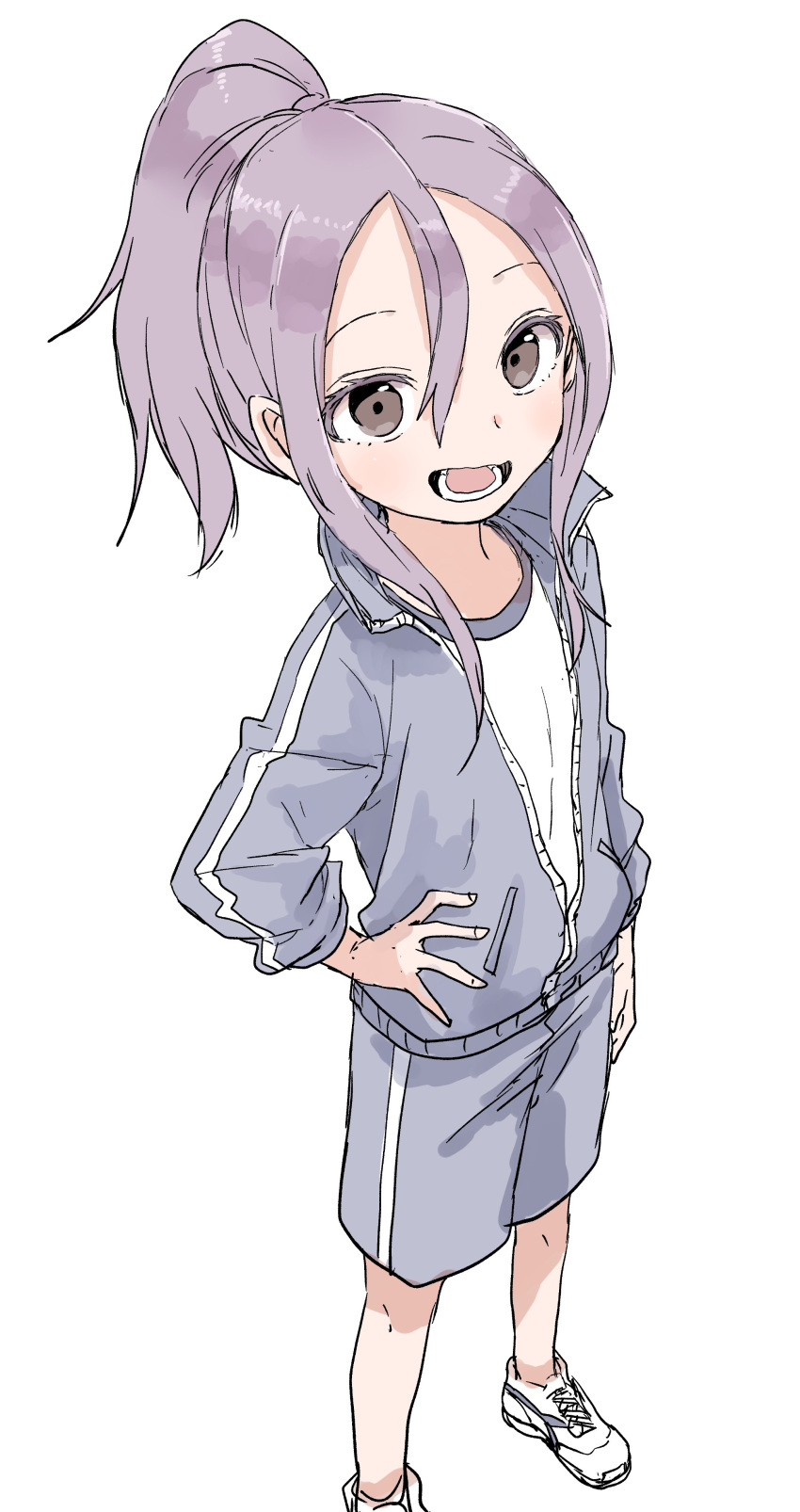 1girl :d absurdres bangs blue_jacket blue_shorts brown_eyes commentary_request gym_shirt gym_shorts gym_uniform hair_between_eyes hand_on_hip highres jacket long_sleeves looking_at_viewer open_clothes open_jacket open_mouth parted_bangs ponytail purple_hair shirt shoes shorts shougi_no_yatsu sidelocks simple_background smile solo standing track_jacket white_background white_footwear white_shirt yamamoto_souichirou yaotome_urushi