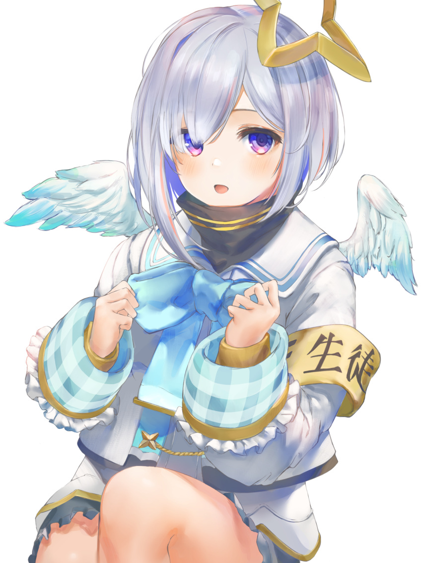 1girl absurdres amane_kanata angel_wings armband blue_hair bow bowtie collar colored_inner_hair cuffs highres hololive looking_at_viewer marulire multicolored_hair open_mouth sailor_collar school_uniform short_hair silver_hair simple_background solo streaked_hair virtual_youtuber white_background wings