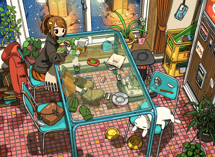 1girl absurdres artist_logo ashtray bag black_eyes bookshelf boots brown_hair cat coat coat_removed container cup curtains disposable_cup fake_wood food from_above fur_boots glass_bottle glass_table hamburger highres indoors long_skirt metal_chair mittens mittens_removed nintendo_switch oil_heater original patio plant ponytail potted_plant red_coat red_skirt reflection shoulder_bag skirt snow snowing solo steam sweater table takeout_container tao_(tao15102) tile_floor tiles ugg_boots vending_machine vintage_vending_machine watch watch water_dish