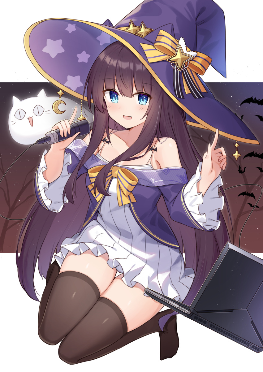 1girl :d absurdres azur_lane bangs bare_shoulders bat black_legwear blue_eyes blunt_bangs blush breasts brown_hair collarbone computer dress english_commentary eyebrows_visible_through_hair frilled_sleeves frills full_body ghost halloween halloween_costume hat highres holding holding_microphone jacket laptop long_hair long_island_(azur_lane) long_island_(ghost's_halloween_live_broadcast)_(azur_lane) long_sleeves looking_at_viewer medium_breasts microphone no_shoes official_alternate_costume open_mouth purple_headwear purple_jacket sidelocks sitting skindentation sleeveless sleeveless_dress smile solo star starry_background t@ke-g thigh-highs thigh_gap very_long_hair wariza white_dress witch_hat zettai_ryouiki