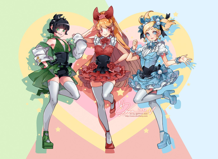 3girls bangs black_hair blonde_hair blossom_(ppg) blue_bow blue_dress blue_eyes blue_footwear blunt_bangs bow bubbles_(ppg) buttercup_(ppg) cropped_jacket dated dress earrings flower full_body green_dress green_eyes green_footwear hair_bow hand_on_hip high_heels jewelry long_hair long_sleeves multiple_girls na_young_lee orange_hair powerpuff_girls puffy_short_sleeves puffy_sleeves red_dress red_eyes red_flower red_footwear short_sleeves signature sleeveless sleeveless_dress star_(symbol) thigh-highs twintails very_long_hair watermark web_address white_legwear