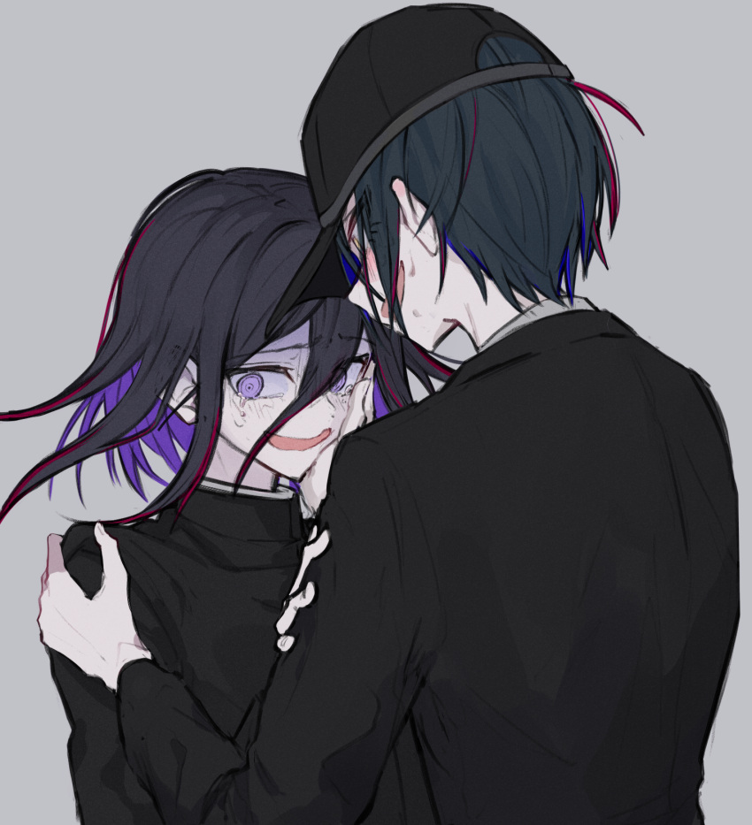 2boys bangs black_hair black_headwear black_jacket blush colored_inner_hair commentary_request crying crying_with_eyes_open dangan_ronpa grey_background grin hair_between_eyes hand_on_another's_arm hand_on_another's_cheek hand_on_another's_face hat highres iumi_urura jacket long_sleeves looking_at_another looking_to_the_side male_focus medium_hair multicolored_hair multiple_boys new_dangan_ronpa_v3 open_mouth ouma_kokichi purple_hair saihara_shuuichi short_hair sideways_glance simple_background smile tears upper_body violet_eyes
