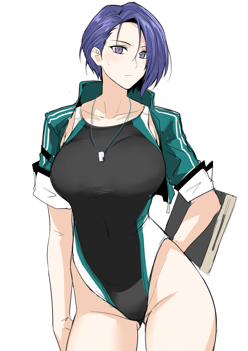 1girl asymmetrical_hair bangs black_swimsuit blue_eyes blue_hair blush breasts collarbone covered_navel fire_emblem fire_emblem:_three_houses forehead halcon highleg highleg_swimsuit highres jacket large_breasts looking_at_viewer one-piece_swimsuit open_clothes open_jacket parted_bangs shamir_nevrand short_hair short_sleeves simple_background swimsuit thighs whistle whistle_around_neck white_background