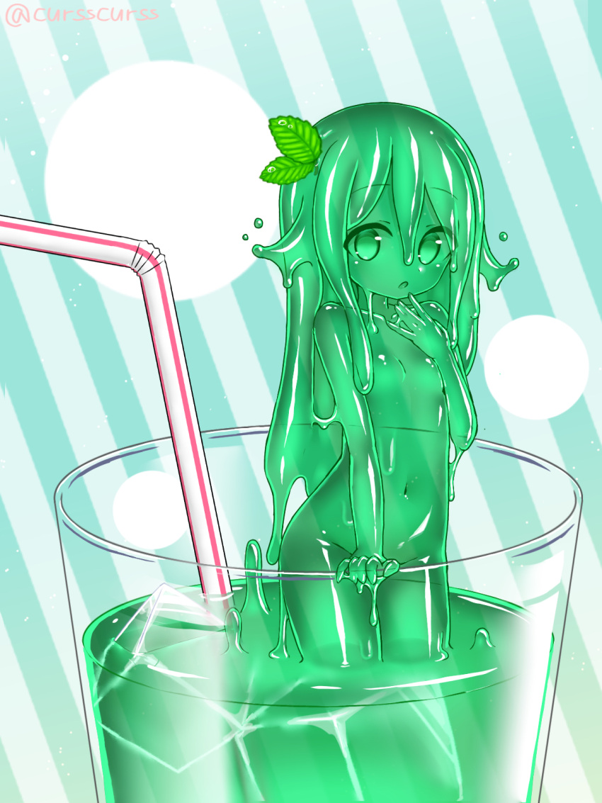 1girl breasts cup dot_nose drinking_glass drinking_straw green_eyes green_hair green_sclera green_skin hair_leaf hand_up highres in_container in_cup kixyuresu long_hair looking_at_viewer minigirl monster_girl navel nude original parted_lips slime_girl small_breasts solo standing striped striped_background twitter_username