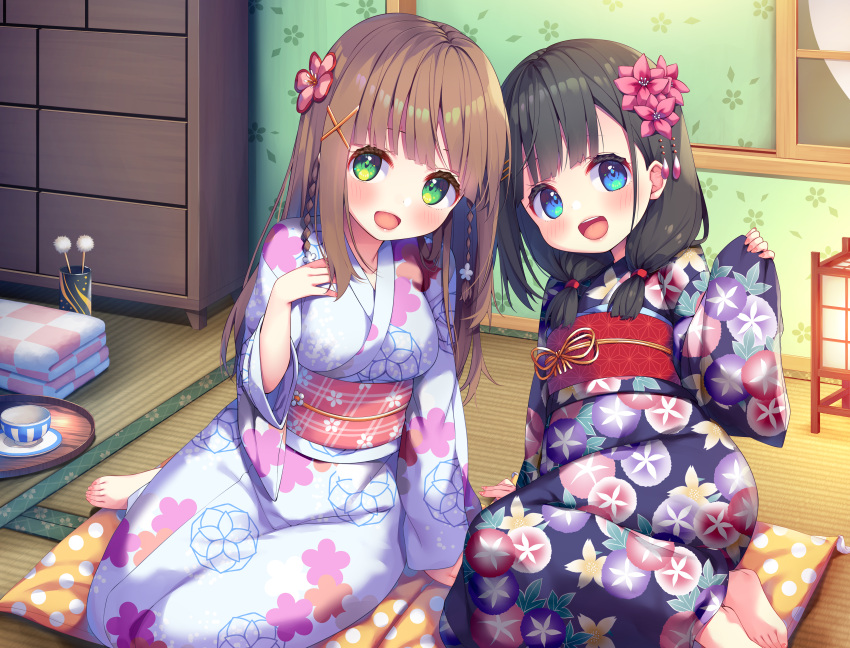 2girls :d absurdres asa_no_ha bangs barefoot black_hair black_kimono blue_eyes blunt_bangs braid brown_hair chest_of_drawers cup cushion floral_print flower folded_clothes green_eyes hair_flower hair_ornament highres japanese_clothes kimono lantern low_twintails medium_hair mimikaki moon multiple_girls night non-web_source obi open_mouth original paper_lantern print_kimono sash saucer sidelocks sitting smile tatami teacup toes tray twin_braids twintails upper_teeth white_kimono wide_sleeves window x_hair_ornament