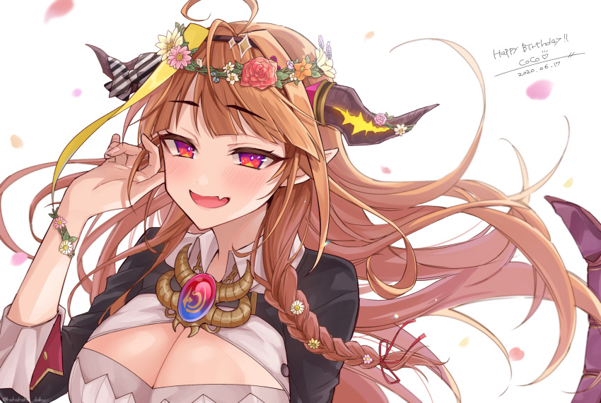 1girl :d adjusting_hair ahoge bangs blunt_bangs blush breasts brooch cleavage_cutout clothing_cutout collared_shirt dakuryuu dated dragon_girl dragon_horns fang gradient_eyes hair_intakes hairband happy_birthday highres hololive horn_flower horns jewelry kiryuu_coco large_breasts long_hair looking_at_viewer multicolored multicolored_eyes open_mouth orange_hair pointy_ears red_eyes shirt skin_fang sleeves_folded_up smile solo upper_body violet_eyes virtual_youtuber white_background wind wreath