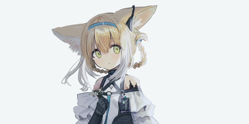 1girl absurdres animal_ear_fluff animal_ears arknights bangs bare_shoulders black_gloves blonde_hair blue_hairband bra chihuri commentary_request dress eyebrows_visible_through_hair flower gloves green_eyes grey_background hair_between_eyes hair_rings hairband hand_up highres holding holding_flower lily_of_the_valley long_hair looking_at_viewer parted_lips pink_gloves simple_background solo suzuran_(arknights) underwear upper_body white_dress white_gloves