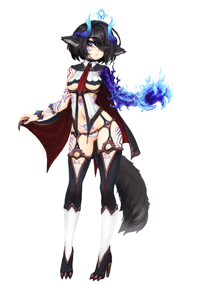 1girl absurdres animal_ears bangs barbariank black_cape black_hair blue_eyes bracelet breasts cape commentary english_commentary eyebrows_visible_through_hair facial_mark full_body hair_over_one_eye high_heels highres horns jewelry looking_at_viewer navel original red_cape short_hair simple_background small_breasts solo tail tattoo two-sided_cape two-sided_fabric under_boob white_background