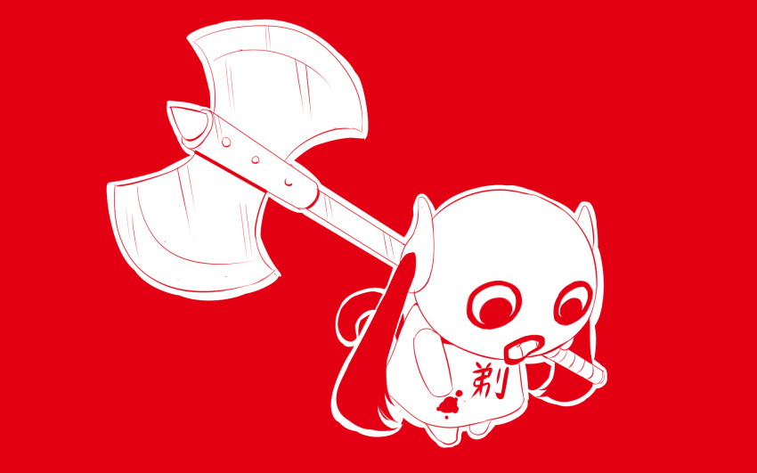 1girl apple_dot_com_(vocaloid) axe battle_axe blood bloody_clothes bowing commentary doushite-chan highres holding holding_axe holding_weapon long_hair monochrome official_art pinocchio-p red_background solo tail twintails very_long_hair vocaloid weapon