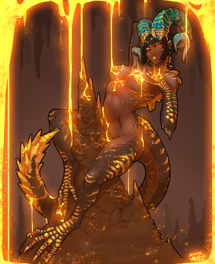 1girl bangs bare_shoulders black_hair blunt_bangs breasts dark_skin dated gold groin highres horns humanization kulve_taroth looking_at_viewer molten_metal monster_girl monster_hunter monster_hunter:_world muhut navel pointy_ears signature solo stalagmite tail