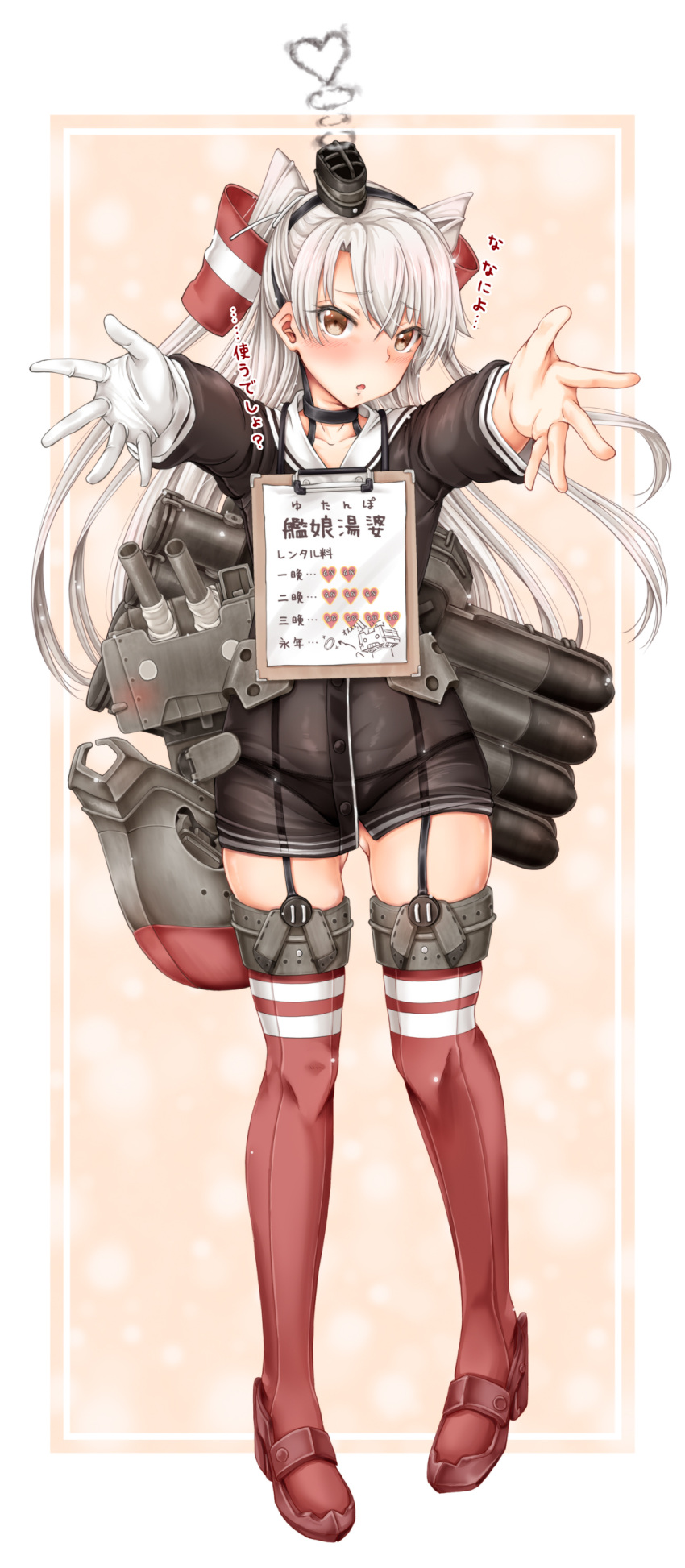 1girl absurdres amatsukaze_(kantai_collection) brown_dress dress full_body garter_straps hair_tubes hat heart highres kantai_collection long_hair mini_hat red_legwear rensouhou-kun rigging sailor_dress short_dress sign sign_around_neck silver_hair solo standing striped striped_legwear thigh-highs torpedo torpedo_tubes translation_request tsukineko two_side_up windsock