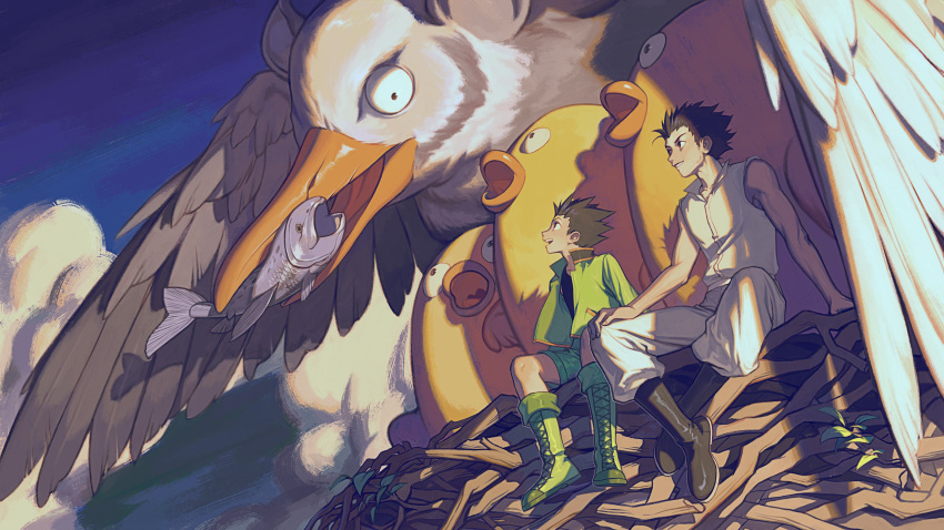 2boys absurdres animal bird black_footwear black_hair black_shirt blue_sky boots clouds cloudy_sky collared_shirt feathers fish ging_freecss gon_freecss green_footwear green_jacket green_shorts highres hunter_x_hunter jacket misaq multiple_boys open_mouth oversized_animal pants profile shadow shirt short_hair shorts sitting sky sleeveless sleeveless_shirt smile white_pants white_shirt wide_shot