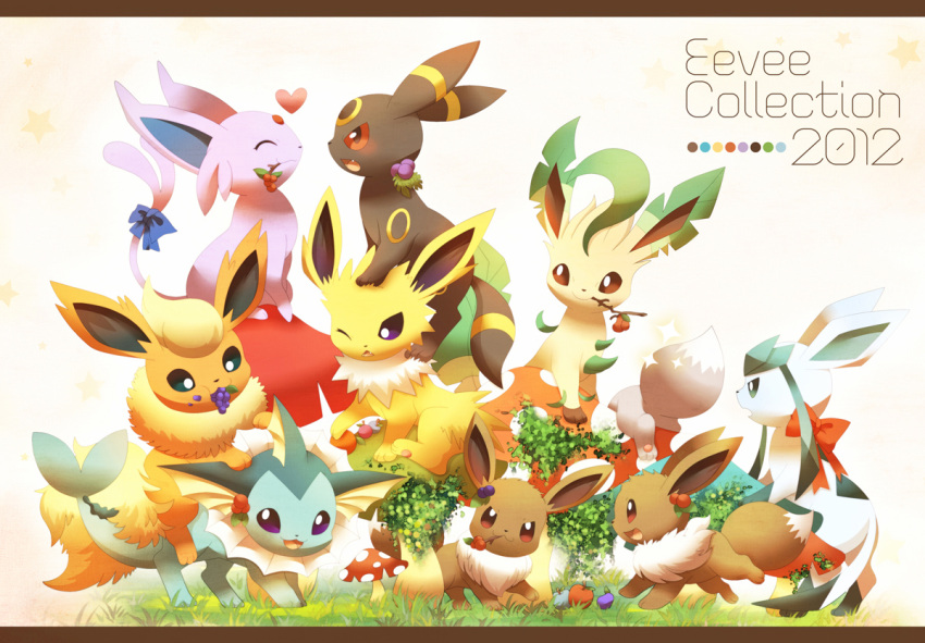 :3 berries character_name commentary_request dated eevee espeon flareon fur gen_1_pokemon gen_2_pokemon gen_4_pokemon glaceon grass heart jolteon leafeon looking_at_viewer mouth_hold mushroom no_humans open_mouth pokemon pokemon_(creature) smile tongue umbreon vaporeon yuurakusei